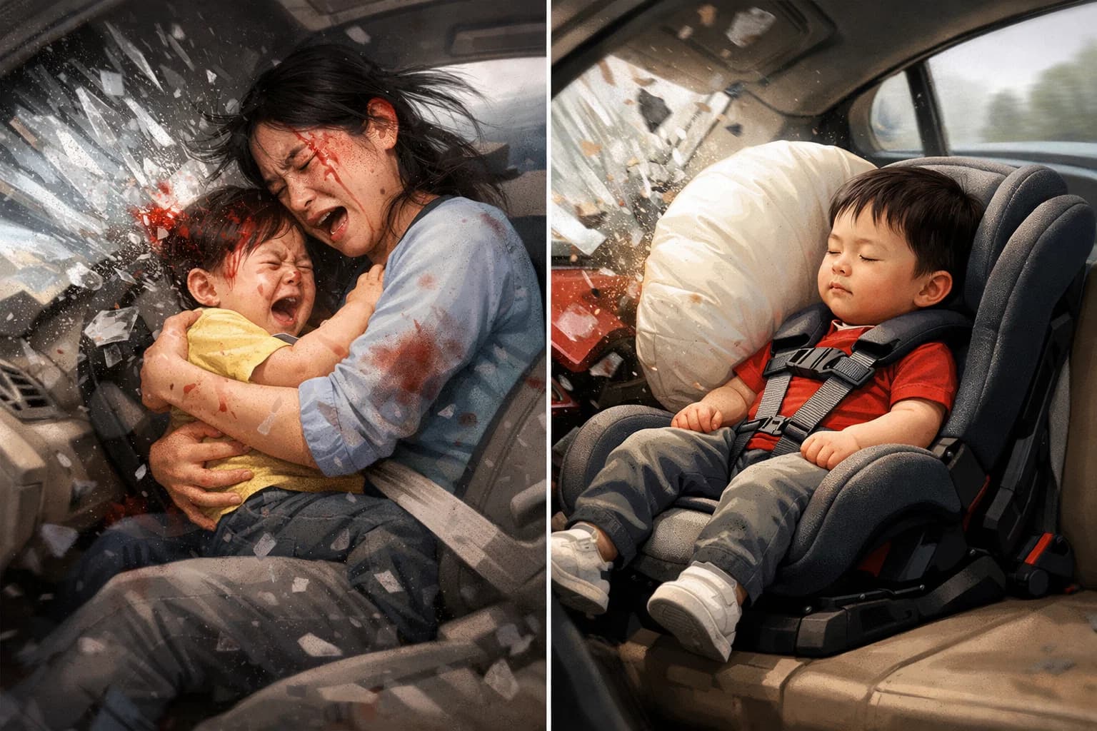 So sánh việc bế bé trên tay và cho bé ngồi ghế ô tô khi va chạm: Sự thật kinh hoàng