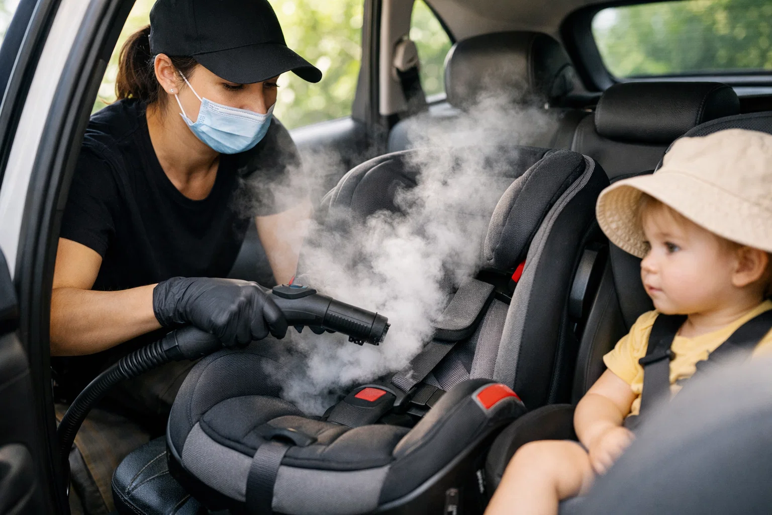 Tại Sao Phải Khử Trùng Ghế Ô Tô Bằng Hơi Nước 100 Độ C? Bảo Vệ Sức Khỏe Bé Tuyệt Đối Khi Thuê Ghế